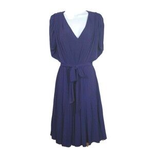 Suzy Chin Purple V-Neck Draped Short Sleeve Belted Pleated Formal Dress Size 6